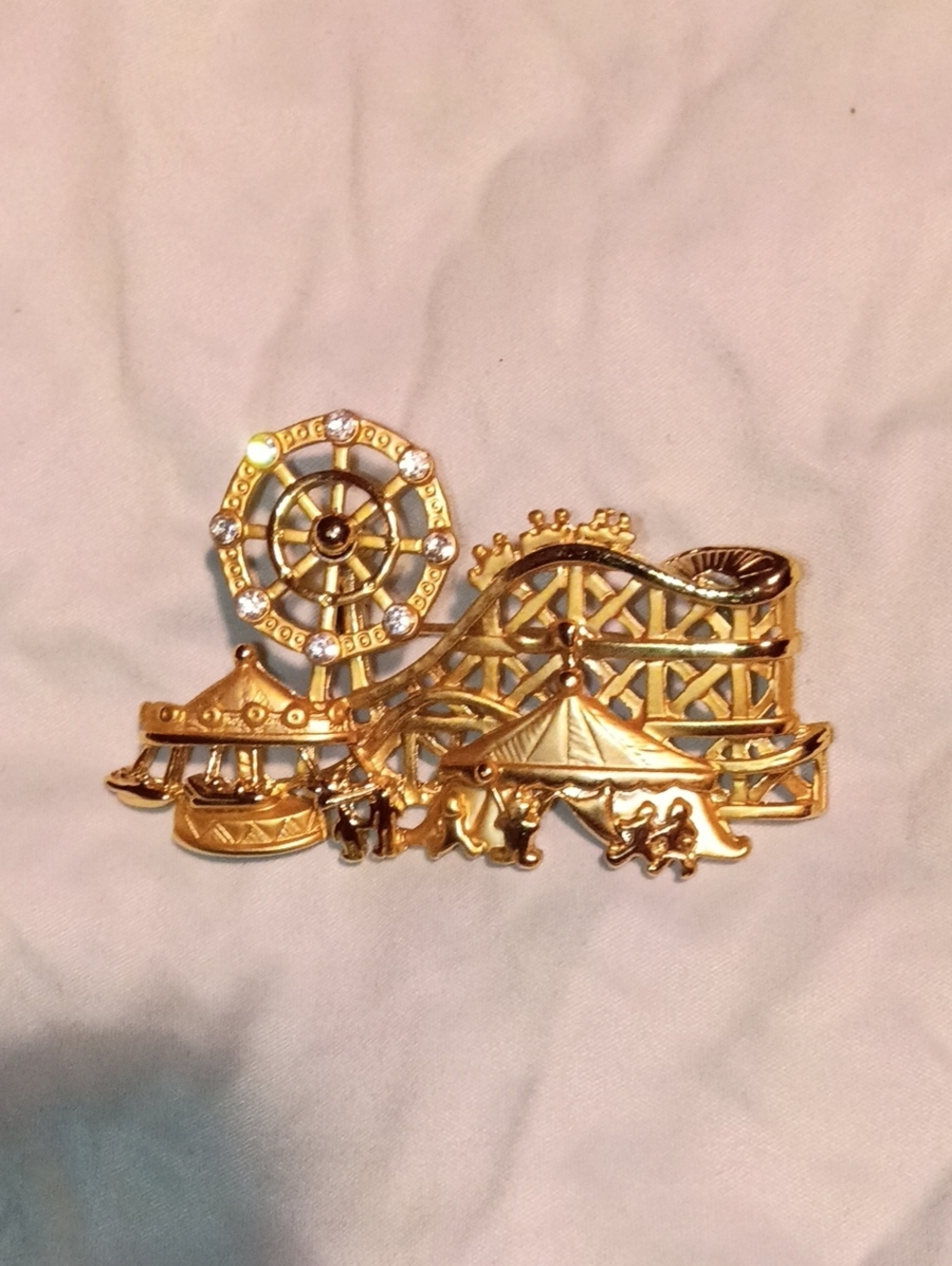 Gold Amusement Park Carousel & Ferris Wheel Brooch